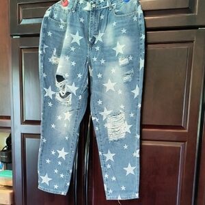 Blue Relaxed Star Patterned Jeans